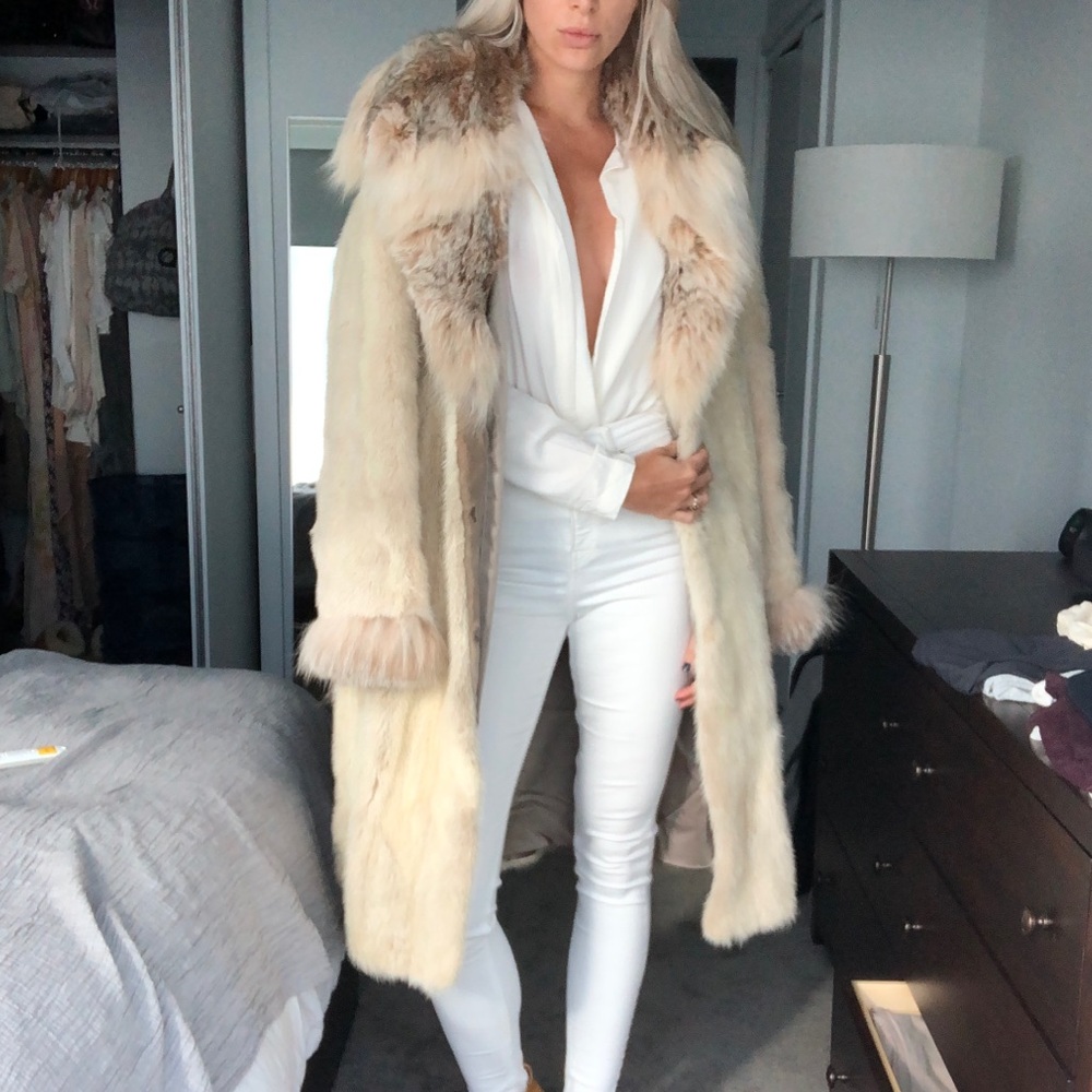 Restyled white lynx and mink fox fur coat
